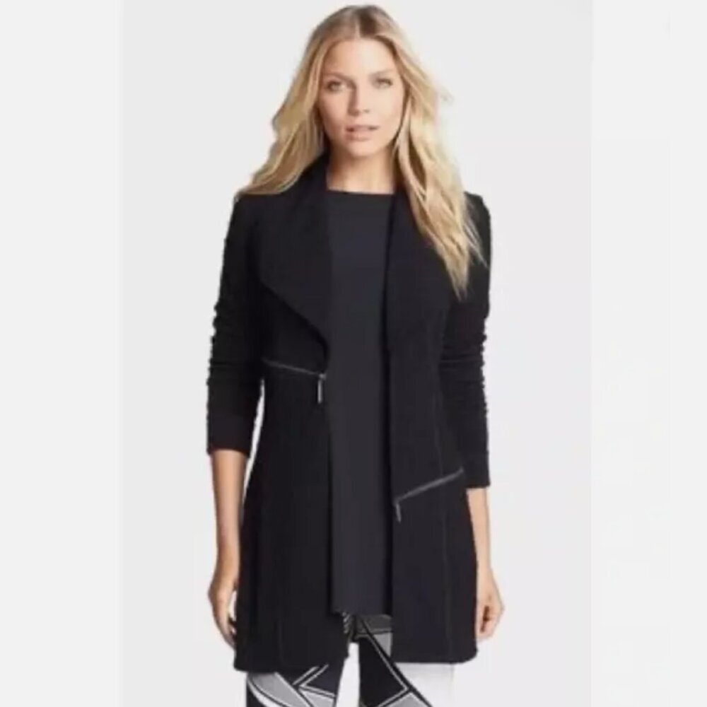 Eva Varro Barcelona Jacket Womens Large Navy Blue Open Front Zipper Long $317